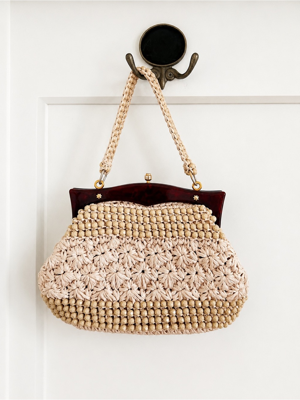Vintage Raffia & Beaded Top Handle Handbag | Lucite Frame | 1950s–60s  Purse